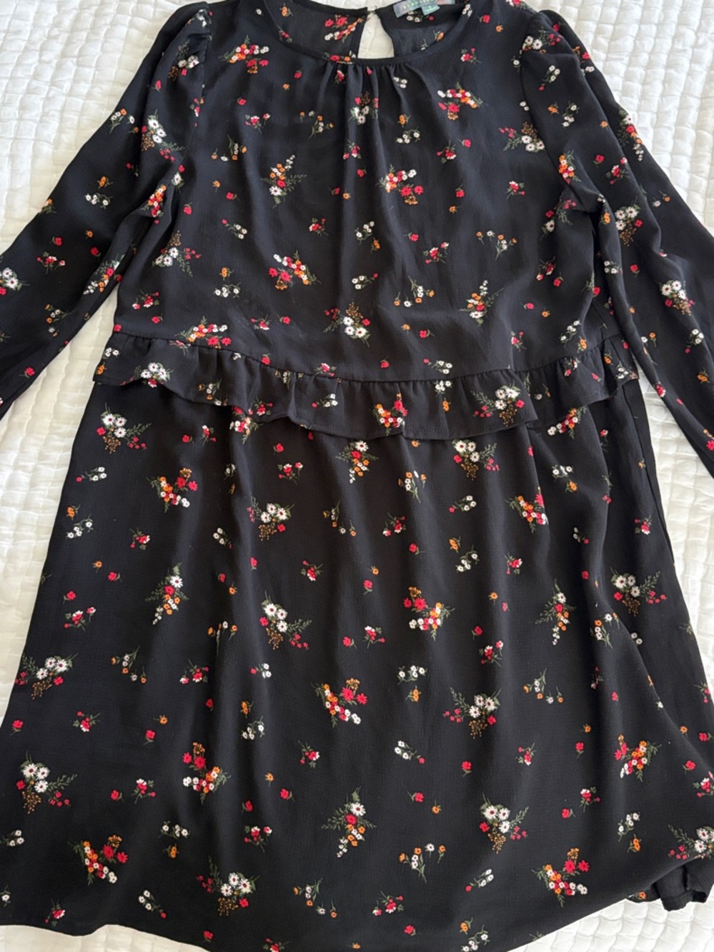Good Luck Gem Black Floral Ruffle Waist Long-Sleeve Dress